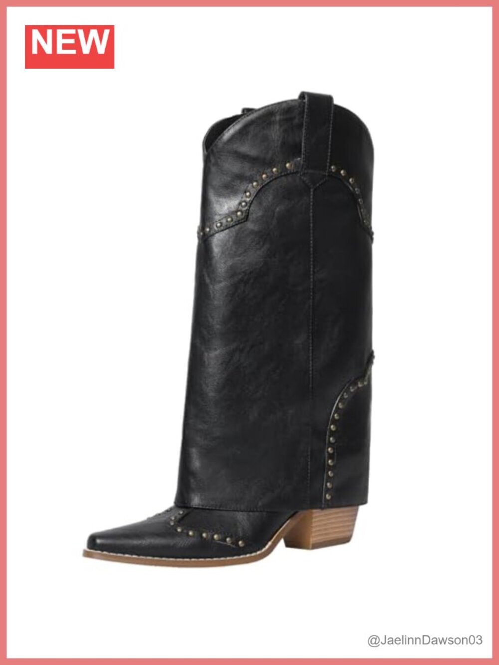 Faux Leather Snip Toe Cowboy Boots Knee High Fold Over Pull-On Block Heel
